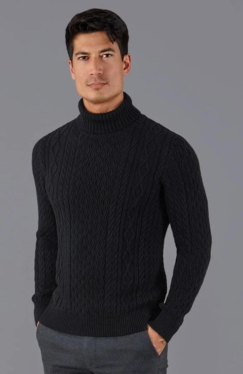 Mens Midweight Cotton Roll Neck Cable Jumper Black
