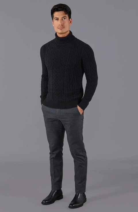 Mens Midweight Cotton Roll Neck Cable Jumper Black