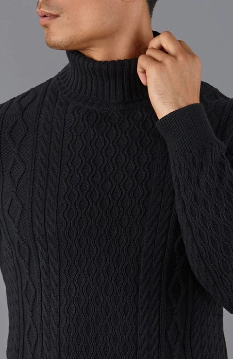 Mens Midweight Cotton Roll Neck Cable Jumper Black