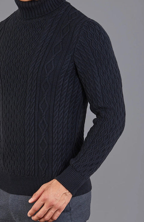 Mens Midweight Cotton Roll Neck Cable Jumper Black