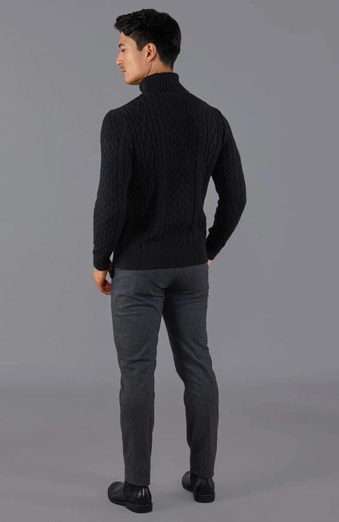 Mens Midweight Cotton Roll Neck Cable Jumper Black