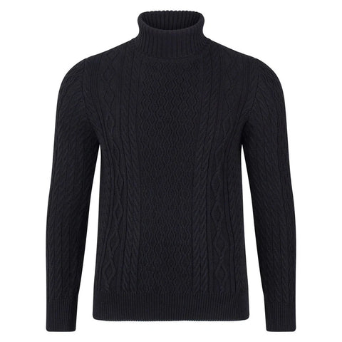 Mens Midweight Cotton Roll Neck Cable Jumper Black