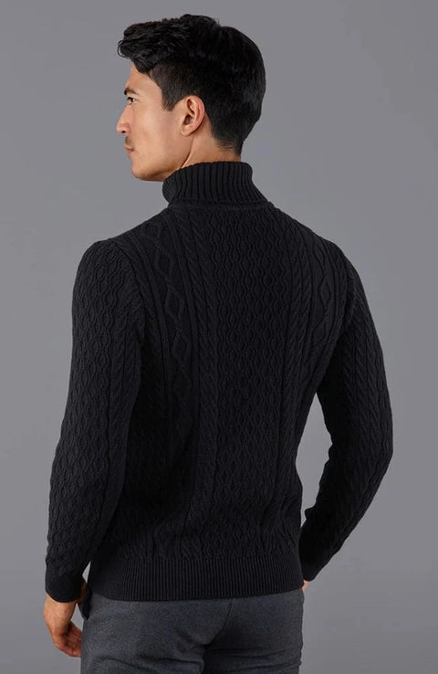 Mens Midweight Cotton Roll Neck Cable Jumper Black
