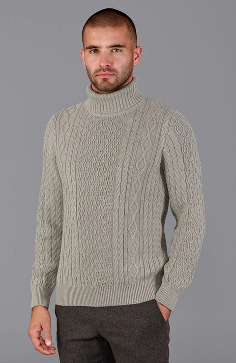Mens Midweight Cotton Roll Neck Cable Jumper Fawn