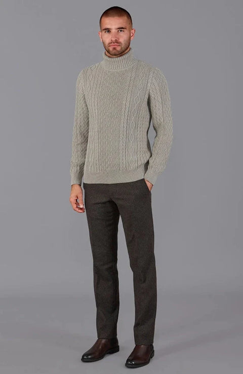 Mens Midweight Cotton Roll Neck Cable Jumper Fawn