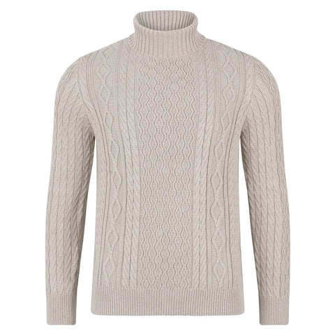 Mens Midweight Cotton Roll Neck Cable Jumper Fawn