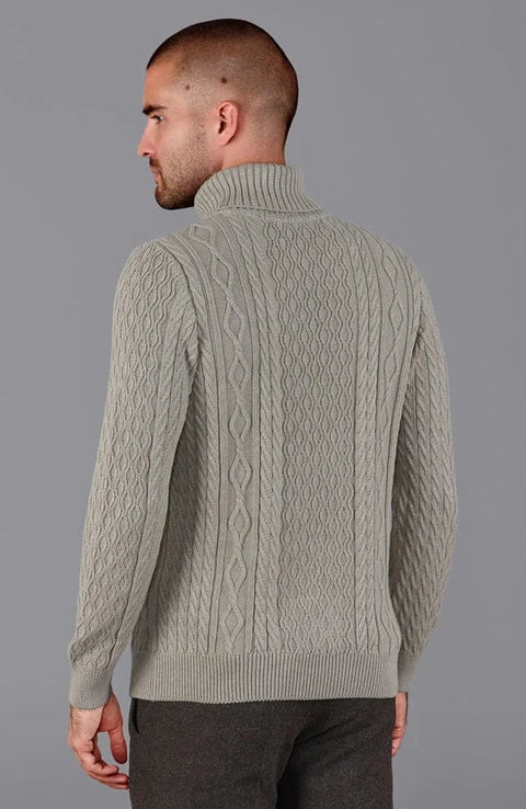 Mens Midweight Cotton Roll Neck Cable Jumper Fawn