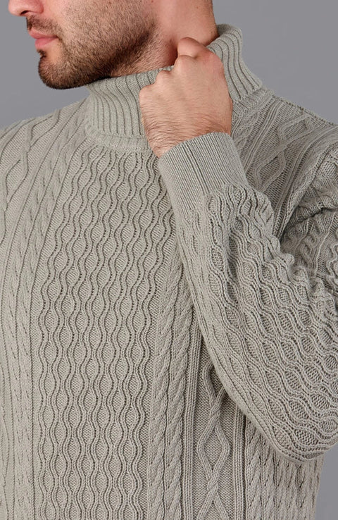 Mens Midweight Cotton Roll Neck Cable Jumper Fawn