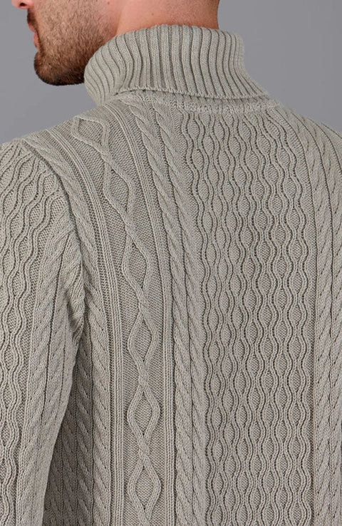 Mens Midweight Cotton Roll Neck Cable Jumper Fawn