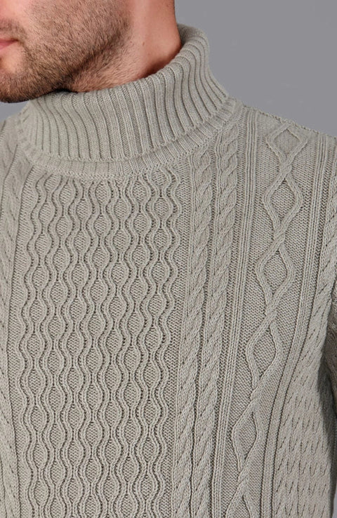Mens Midweight Cotton Roll Neck Cable Jumper Fawn