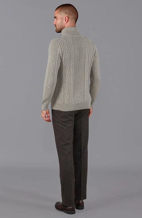 Mens Midweight Cotton Roll Neck Cable Jumper Fawn