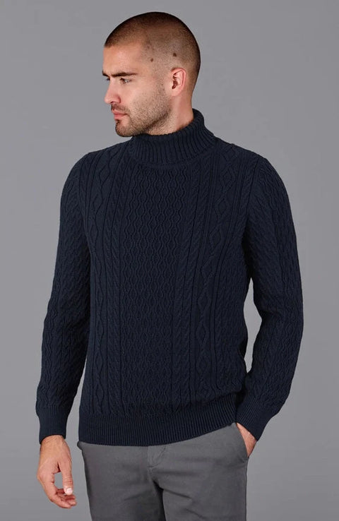 Mens Midweight Cotton Roll Neck Cable Jumper Navy