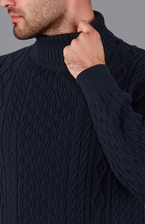 Mens Midweight Cotton Roll Neck Cable Jumper Navy
