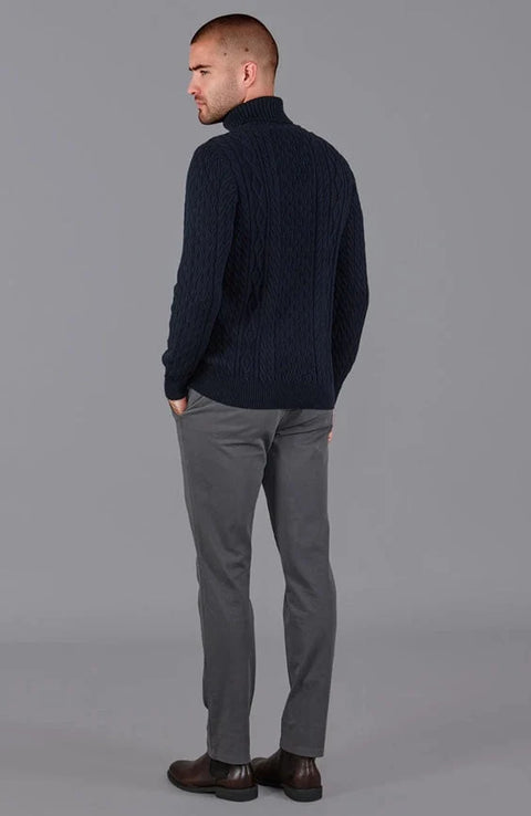 Mens Midweight Cotton Roll Neck Cable Jumper Navy