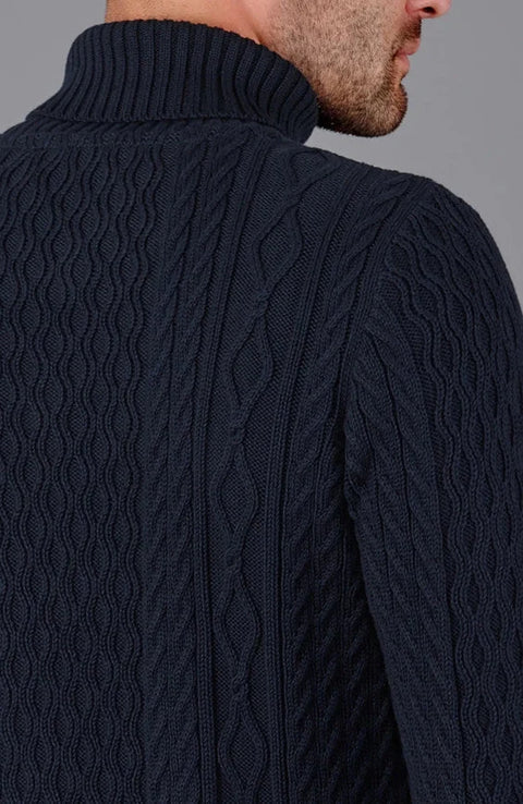 Mens Midweight Cotton Roll Neck Cable Jumper Navy