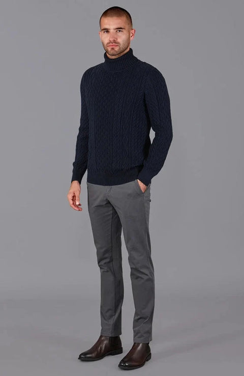 Mens Midweight Cotton Roll Neck Cable Jumper Navy