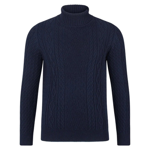 Mens Midweight Cotton Roll Neck Cable Jumper Navy