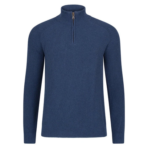 Mens Midweight Cotton Zip Neck Jumper Blue Melange