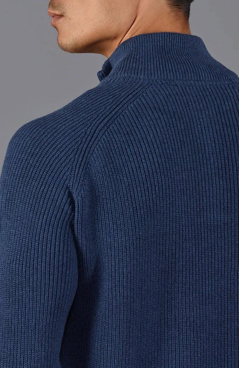 Mens Midweight Cotton Zip Neck Jumper Blue Melange