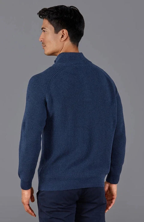 Mens Midweight Cotton Zip Neck Jumper Blue Melange