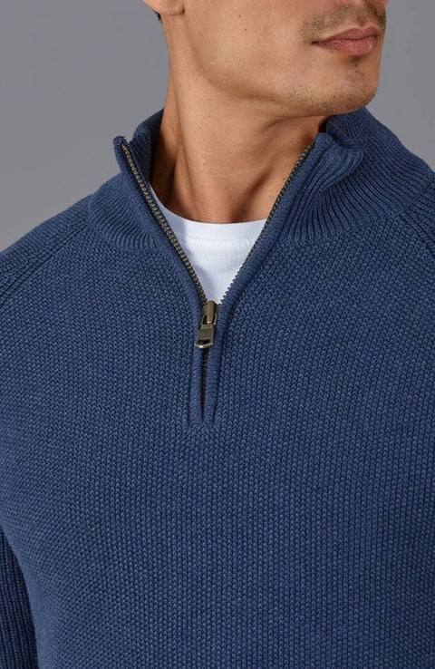 Mens Midweight Cotton Zip Neck Jumper Blue Melange