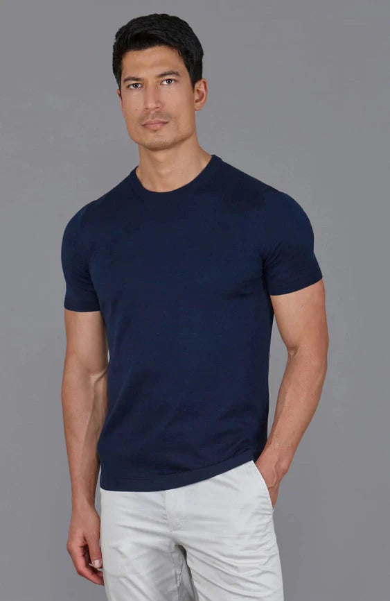 Mens Superfine Mercerised Cotton Knitted T-Shirt Navy