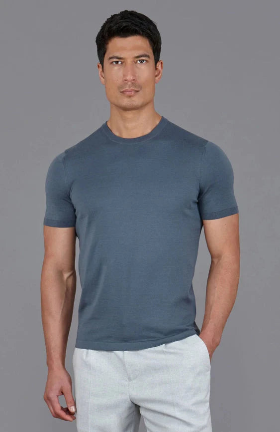 Mens Superfine Mercerised Cotton Knitted T-Shirt Steel Blue
