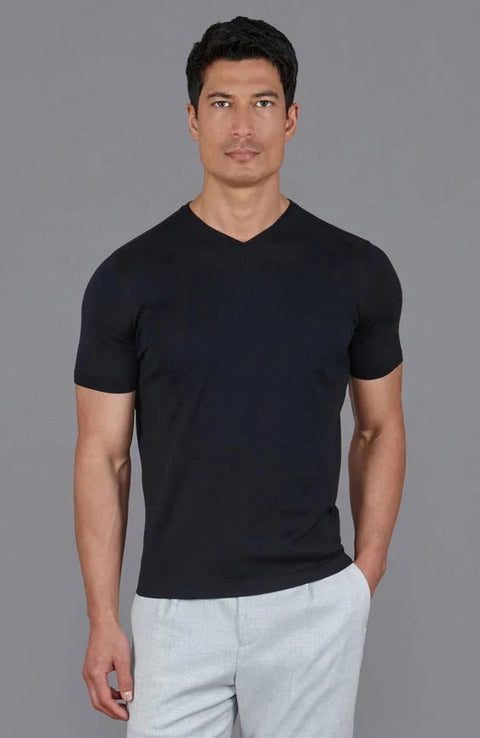 Mens Superfine Mercerised Cotton V Neck Knitted T-Shirt Black