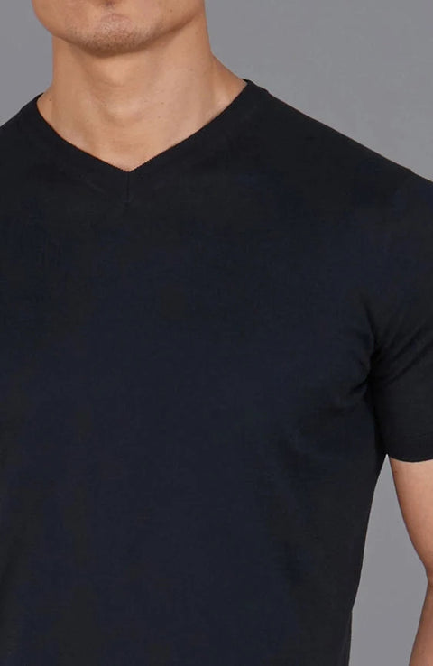 Mens Superfine Mercerised Cotton V Neck Knitted T-Shirt Black