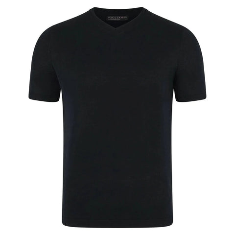 Mens Superfine Mercerised Cotton V Neck Knitted T-Shirt Black