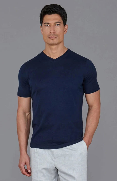 Mens Superfine Mercerised Cotton V Neck Knitted T-Shirt Navy