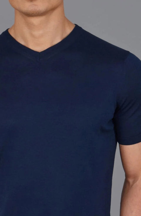 Mens Superfine Mercerised Cotton V Neck Knitted T-Shirt Navy