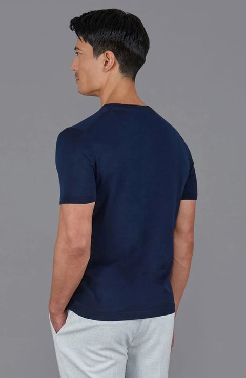 Mens Superfine Mercerised Cotton V Neck Knitted T-Shirt Navy