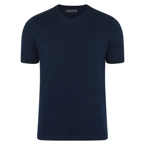 Mens Superfine Mercerised Cotton V Neck Knitted T-Shirt Navy