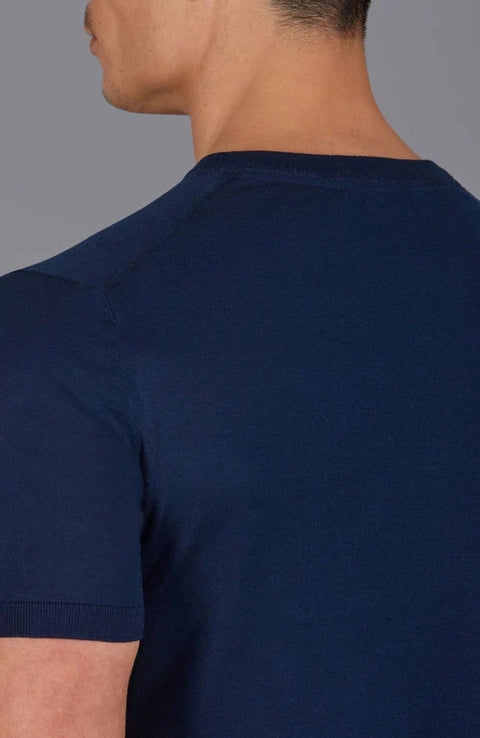 Mens Superfine Mercerised Cotton V Neck Knitted T-Shirt Navy