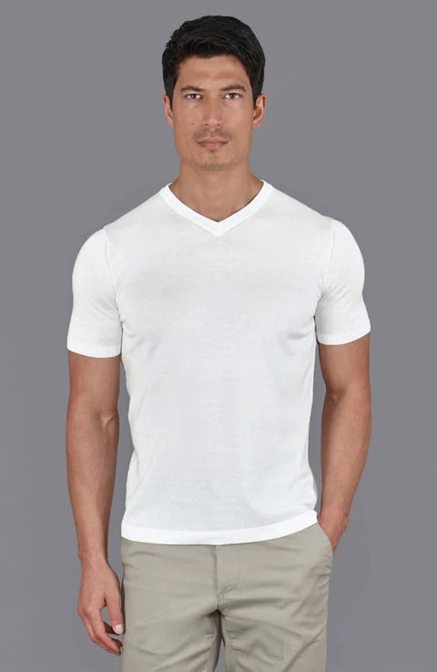 Mens Superfine Mercerised Cotton V Neck Knitted T-Shirt White