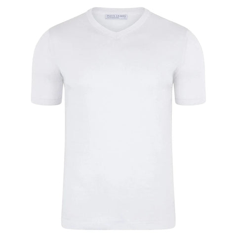 Mens Superfine Mercerised Cotton V Neck Knitted T-Shirt White