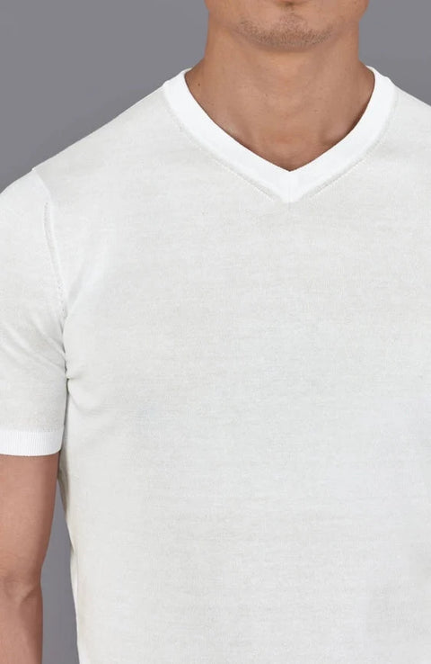 Mens Superfine Mercerised Cotton V Neck Knitted T-Shirt White