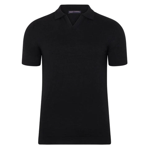 Mens Superfine Merino Silk Buttonless Polo Shirt Black