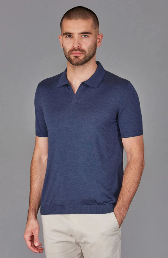 Mens Superfine Merino Silk Buttonless Polo Shirt  Slate Blue