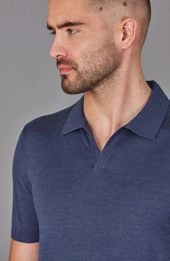Mens Superfine Merino Silk Buttonless Polo Shirt  Slate Blue