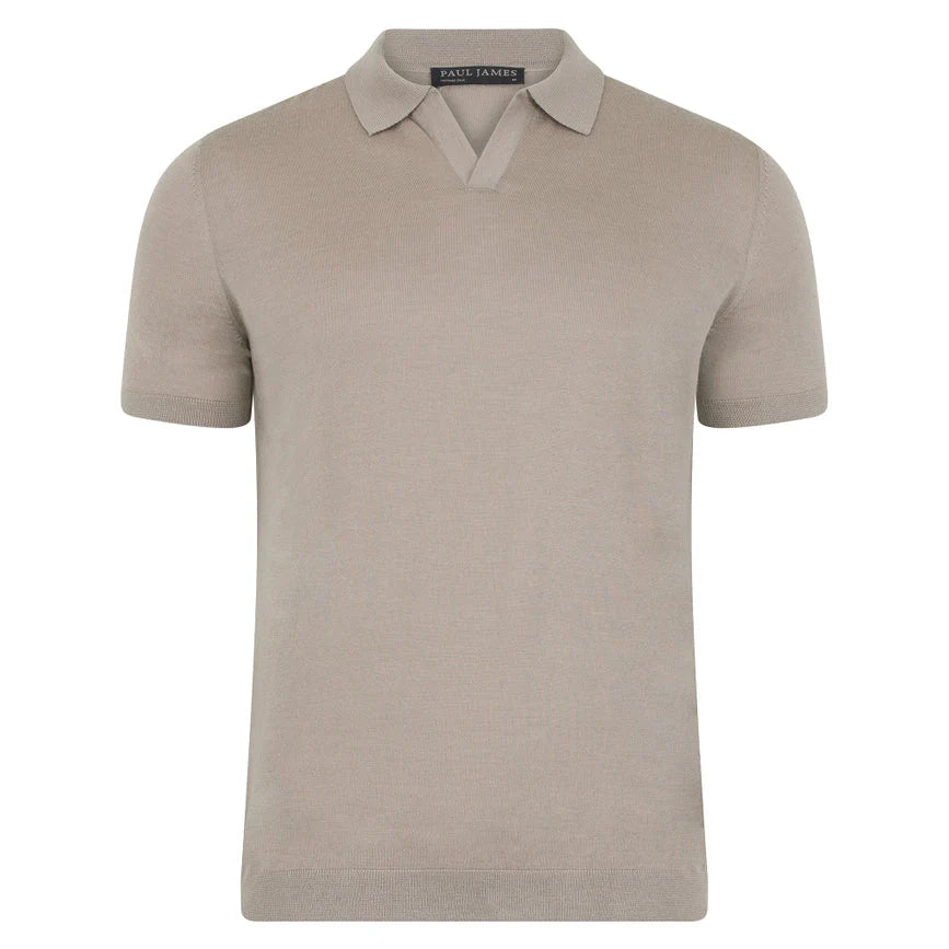 Mens Superfine Merino Silk Buttonless Polo Shirt Taupe