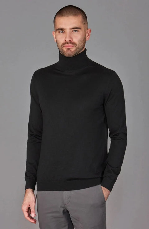 Mens Superfine Merino Silk Roll Neck Jumper Black