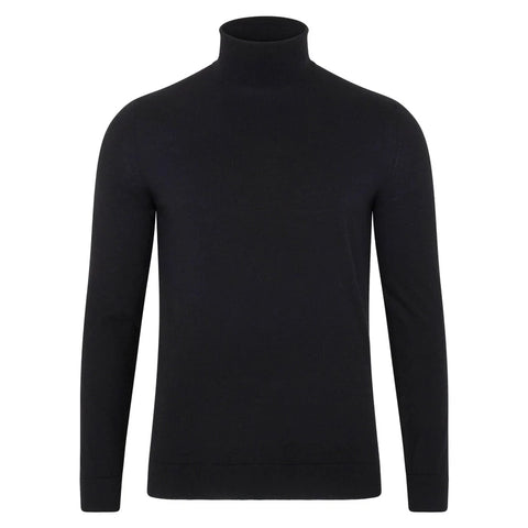 Mens Superfine Merino Silk Roll Neck Jumper Black