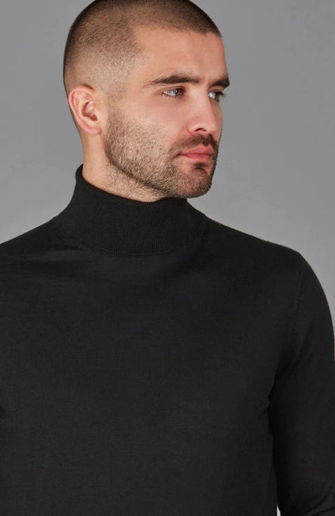 Mens Superfine Merino Silk Roll Neck Jumper Black