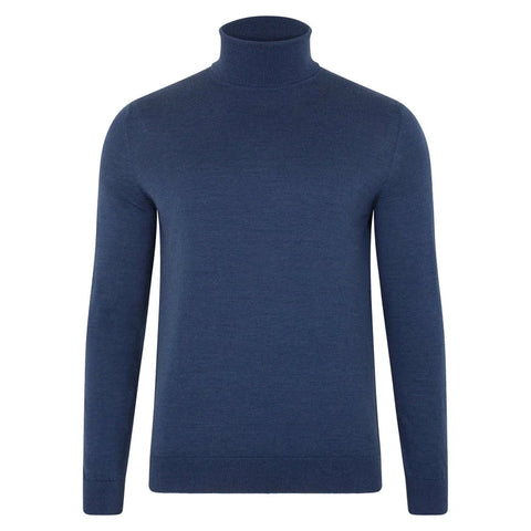 Mens Superfine Merino Silk Roll Neck Jumper  Slate Blue