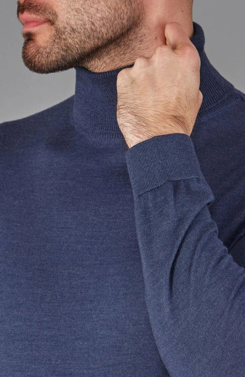 Mens Superfine Merino Silk Roll Neck Jumper  Slate Blue