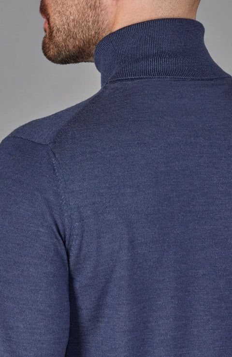 Mens Superfine Merino Silk Roll Neck Jumper  Slate Blue