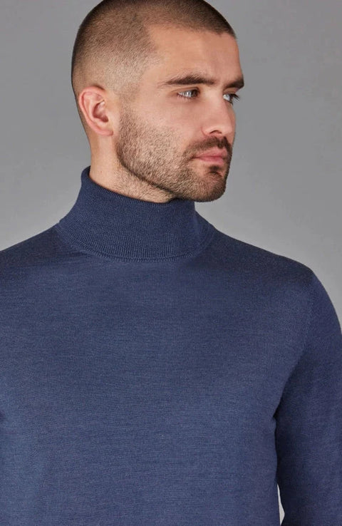 Mens Superfine Merino Silk Roll Neck Jumper  Slate Blue