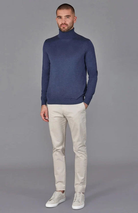 Mens Superfine Merino Silk Roll Neck Jumper  Slate Blue